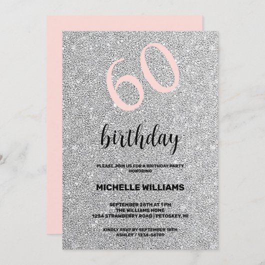 シルバーグリッターブラック赤面書道誕生日 招待状 (正面/裏面)