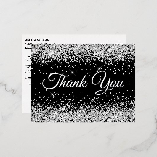 シルバーグリッターブラック50th誕生日ありがとう 箔招待状ポストカード (正面/裏面)