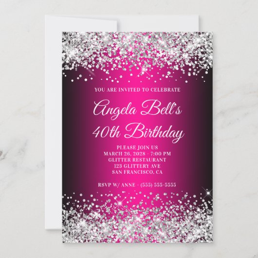 シルバーグリッターブラック&ホットピンク40歳の誕生日 招待状 (正面)