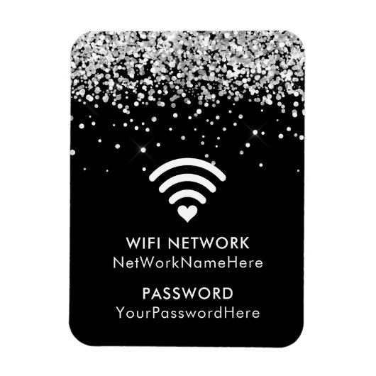 シルバーグリッターブラックWiFiネットワークとパスワード マグネット (縦)