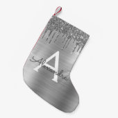 シルバーグリッターブラッシュドメタルモノグラム名 スモールクリスマスストッキング (正面 (吊り時))