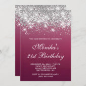 シルバーグリッターブルグンディグラデーション21はっきりした歳の誕生日 招待状 (正面/裏面)