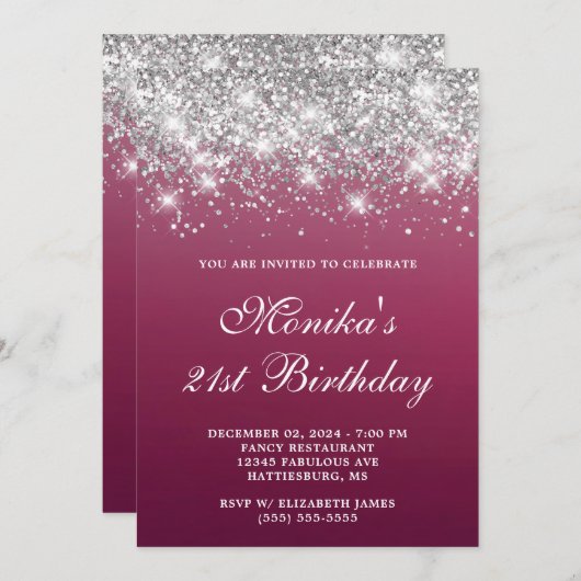 シルバーグリッターブルグンディグラデーション21はっきりした歳の誕生日 招待状 (正面/裏面)