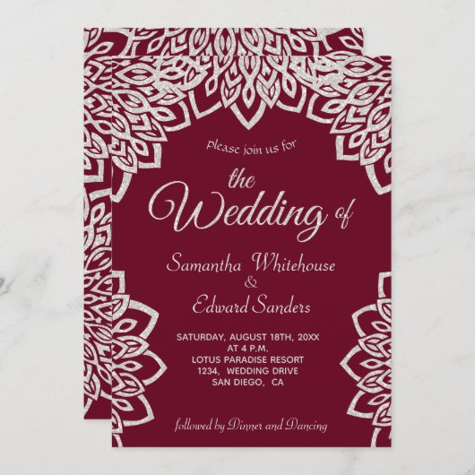 シルバーグリッターブルゴーニュエレガントな結婚式 招待状 (正面/裏面)