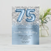 シルバーグリッターブルーバルーングラム75誕生日 招待状 (スタンド正面)
