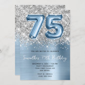 シルバーグリッターブルーバルーングラム75誕生日 招待状 (正面/裏面)