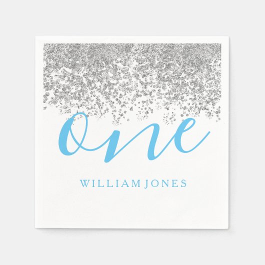 シルバーグリッターブルーボーイズ1歳の誕生日パーティー スタンダードカクテルナプキン (正面)