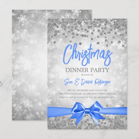 シルバーグリッターブルーリボンクリスマスホリデー 招待状 (正面/裏面)