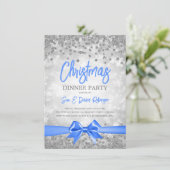 シルバーグリッターブルーリボンクリスマスホリデー 招待状 (スタンド正面)