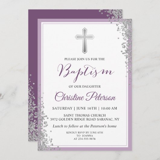 シルバーグリッタープラムパープルガールバプテスマ招待状 招待状 (正面/裏面)