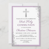 シルバーグリッタープラムパープルファースト聖餐式 招待状 (正面)
