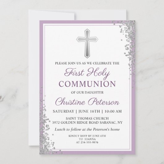 シルバーグリッタープラムパープルファースト聖餐式 招待状 (正面)
