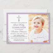 シルバーグリッタープラムパープルファースト・コミュニオンフォト 招待状 (正面)