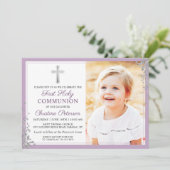 シルバーグリッタープラムパープルファースト・コミュニオンフォト 招待状 (スタンド正面)
