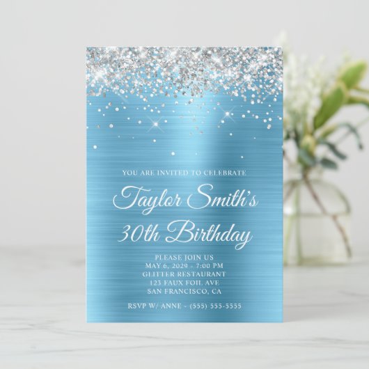 シルバーグリッターベビーブルーグラム30歳の誕生日 招待状 (スタンド正面)