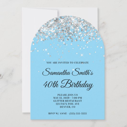 シルバーグリッターベビーブルー写真40歳の誕生日 招待状 (正面)