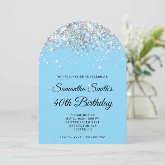 シルバーグリッターベビーブルー写真40歳の誕生日 招待状 (スタンド正面)