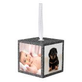 シルバーグリッターベビー初めてのクリスマス3枚フォト キューブオーナメント (裏面アングル)