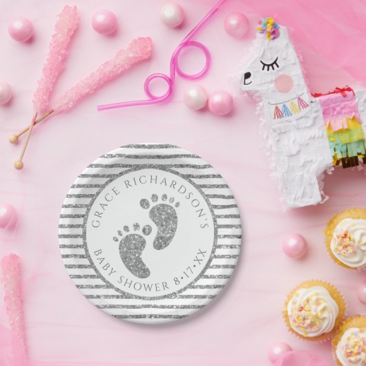 シルバーグリッターベビー足ベビーシャワーパーソナライズされた ペーパープレート (パーティー)