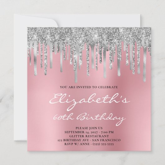 シルバーグリッターホイルドリップスグラデーションピンク60誕生日 招待状 (正面)