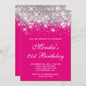 シルバーグリッターホットピンクはっきりした21歳の誕生日 招待状 (正面/裏面)