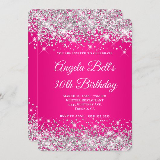 シルバーグリッターホットピンクグラデーション30歳の誕生日 招待状 (正面/裏面)