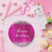 シルバーグリッターホットピンクフォイルハッピーバースデー ペーパープレート (パーティー)
