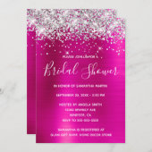 シルバーグリッターホットピンクフォイルブライダルシャワー 招待状 (正面/裏面)