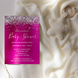 シルバーグリッターホットピンクフォイルベビーシャワー 招待状