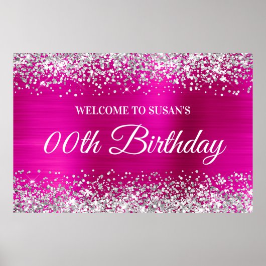シルバーグリッターホットピンクフォイル誕生日ウェルカム ポスター (正面)