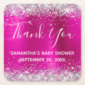 シルバーグリッターホットピンクフォイル赤ちゃんシャワーありがとう スクエアペーパーコースター (正面)