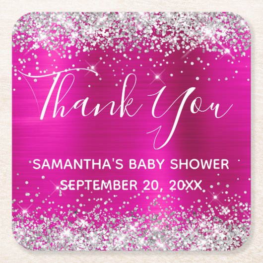 シルバーグリッターホットピンクフォイル赤ちゃんシャワーありがとう スクエアペーパーコースター (正面)