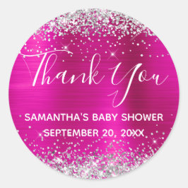 シルバーグリッターホットピンクフォイル赤ちゃんシャワーありがとう ラウンドシール