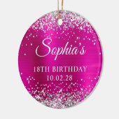 シルバーグリッターホットピンクフォイル18誕生日写真 セラミックオーナメント (左)