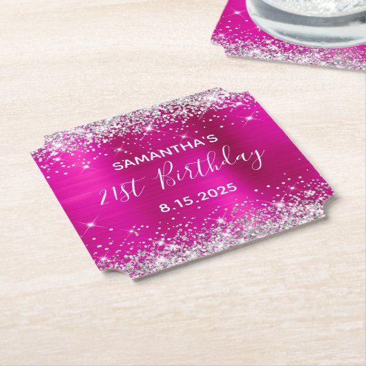 シルバーグリッターホットピンクフォイル21歳の誕生日 ペーパーコースター (アングル)
