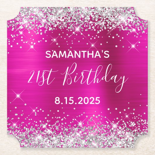 シルバーグリッターホットピンクフォイル21歳の誕生日 ペーパーコースター (正面)