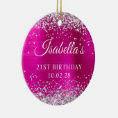 シルバーグリッターホットピンクフォイル21stバースデーフォト セラミックオーナメント (右)