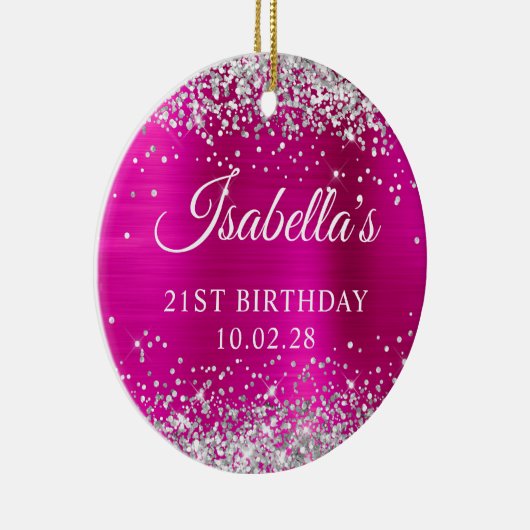 シルバーグリッターホットピンクフォイル21stバースデーフォト セラミックオーナメント (右)