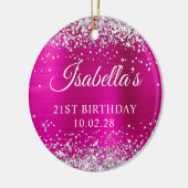 シルバーグリッターホットピンクフォイル21stバースデーフォト セラミックオーナメント (左)