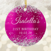 シルバーグリッターホットピンクフォイル21stバースデーフォト セラミックオーナメント