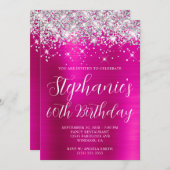 シルバーグリッターホットピンクフォイル60誕生日 招待状 (正面/裏面)