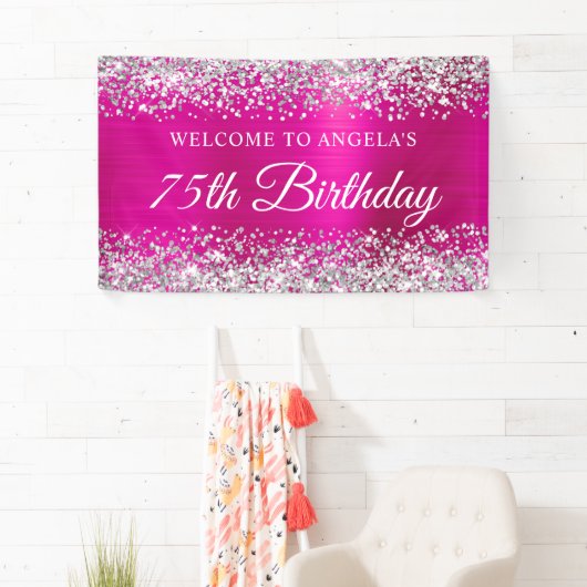 シルバーグリッターホットピンクフォイル75th誕生日へようこそ 横断幕 (インサイチュ)