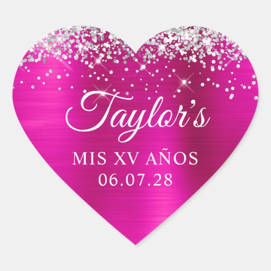 シルバーグリッターホットピンクフォイルMis XV Anos誕生日 ハートシール (正面)