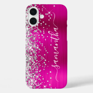 シルバーグリッターホットピンクメタリックガーリーシグネチャー iPhone 16 PLUSケース