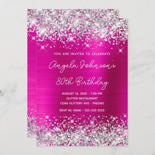 シルバーグリッターホットピンクモノリン80誕生日 招待状 (正面/裏面)