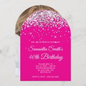 シルバーグリッターホットピンク写真40歳の誕生日 招待状 (正面/裏面)