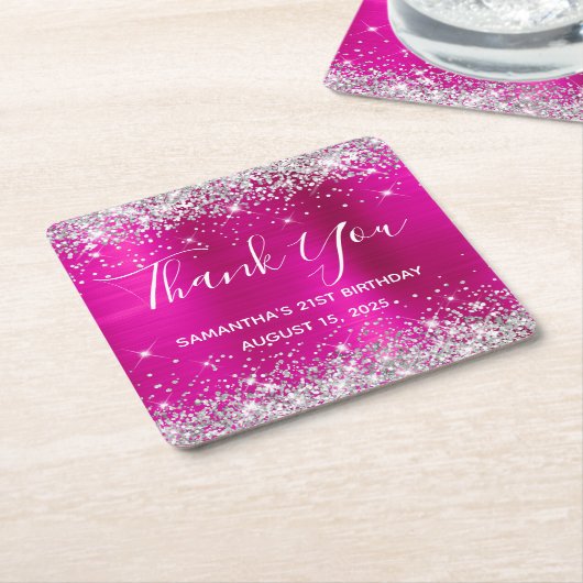 シルバーグリッターホットピンク21歳の誕生日ありがとう スクエアペーパーコースター (アングル)