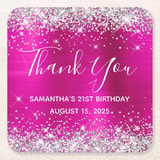 シルバーグリッターホットピンク21歳の誕生日ありがとう スクエアペーパーコースター (正面)