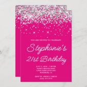 シルバーグリッターホットピンク21歳の誕生日 招待状 (正面/裏面)
