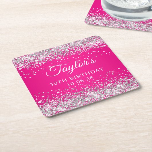 シルバーグリッターホットピンク30歳 スクエアペーパーコースター (アングル)